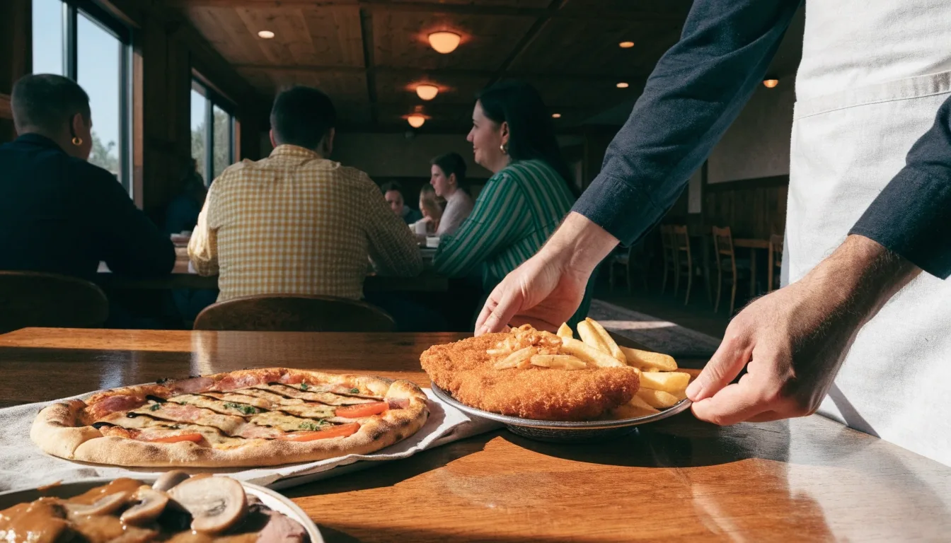 Családi asztal pizzával és frissensülttel vegyes étteremben
