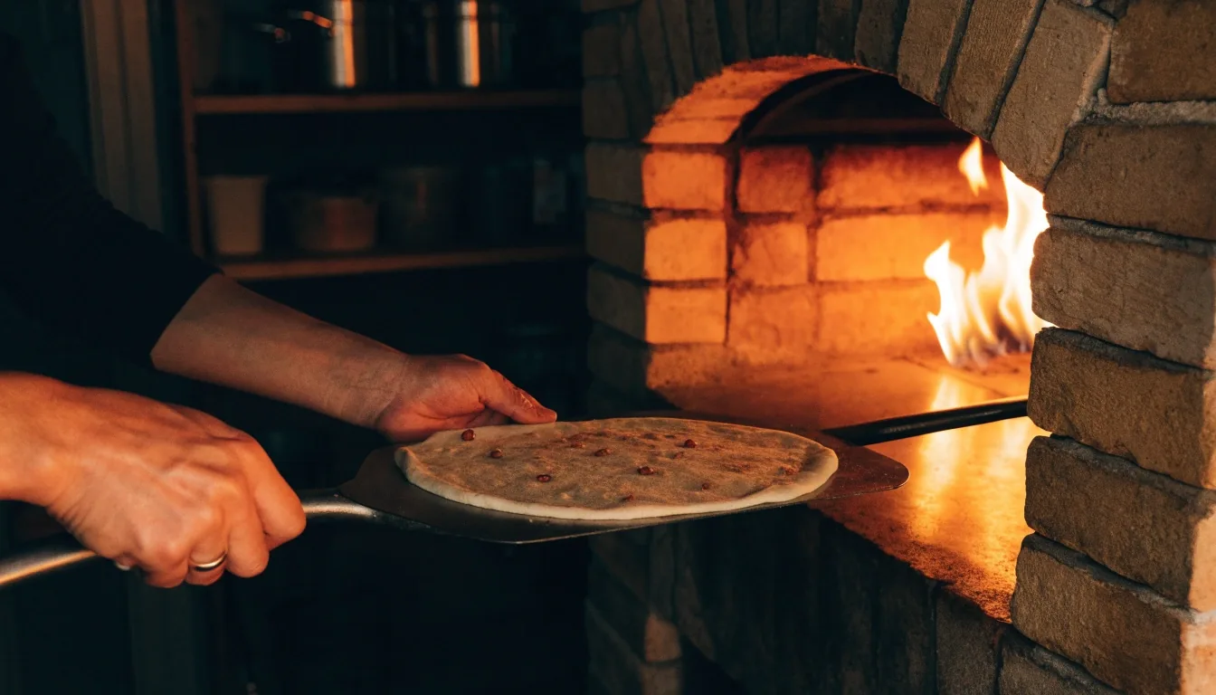 Fatüzelésű kemence szája, pizzalapátos bevetéssel