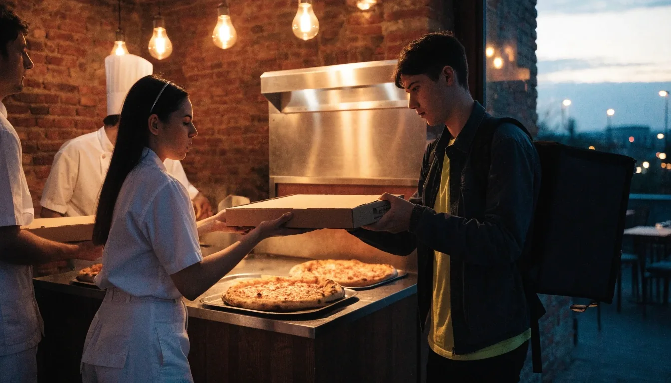 Működő pizzéria belső tere kék órában, kemencefénnyel és lisztes pulttal