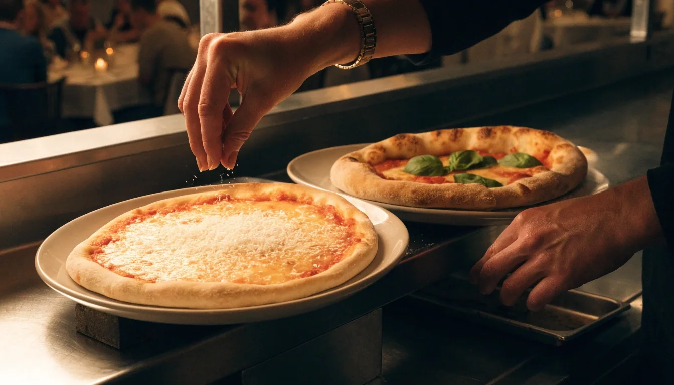 Vékony tésztás és nápolyi pizza egymás mellett világos tányérokon