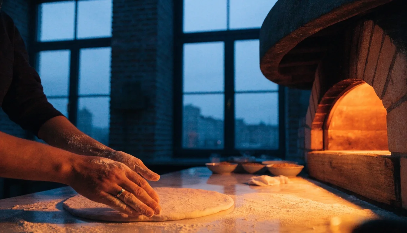 A Pizza Forte konyhája kék órában, kemencefénnyel és lisztes pulttal