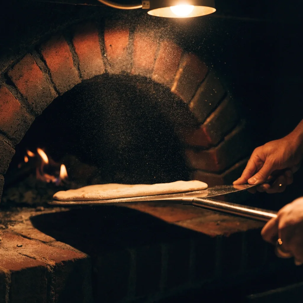 Pizzalapát a tégla kemence szájában, alacsony láng mellett