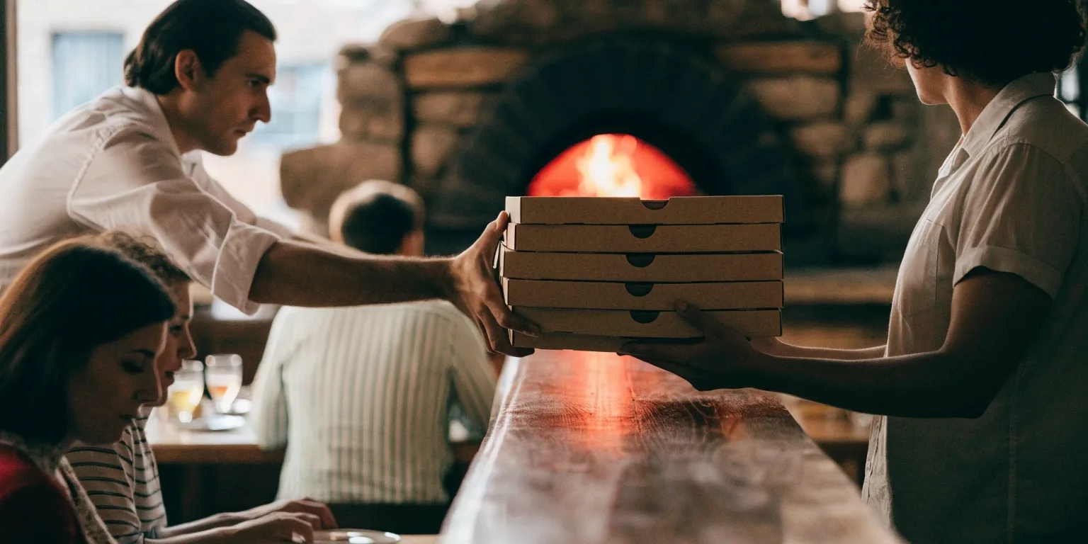 Pizzásdobozok a pult szélén meleg kemencefényben