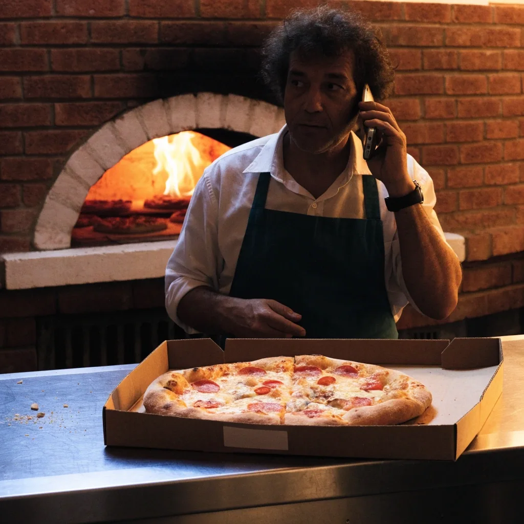 Kézzel kemencébe tolt pizza parázsló téglakemencében