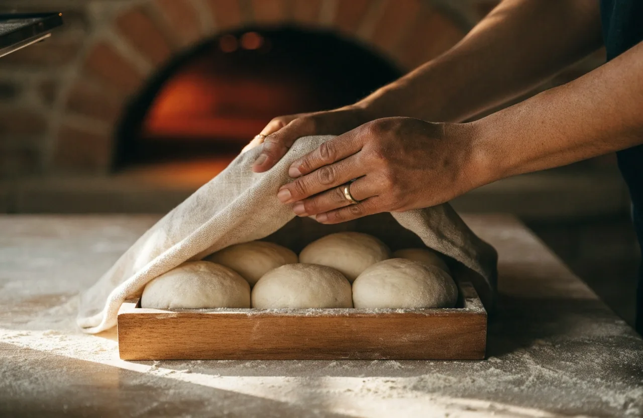 Lisztezett pult cipótésztákkal egy pizzériában