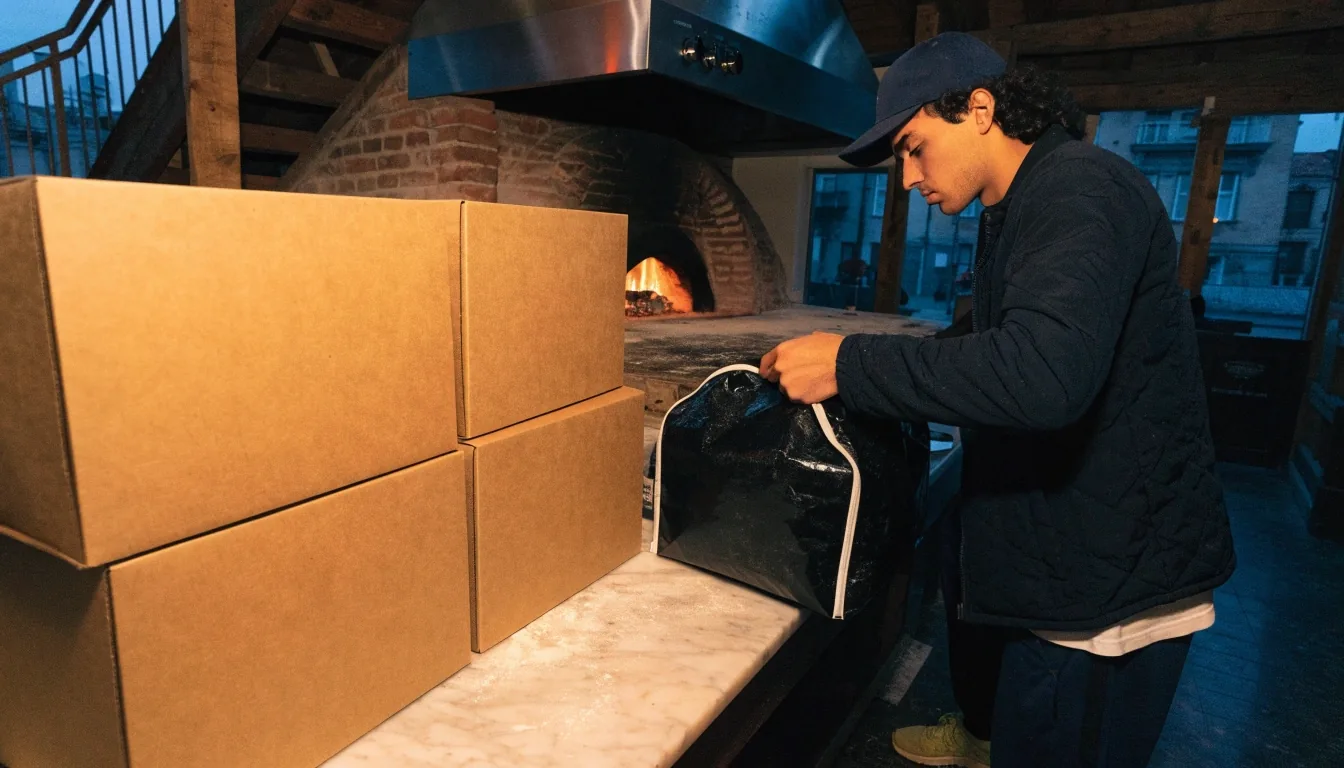 Pizza Forte pizzeria belső kemence fénnyel és futár táskával