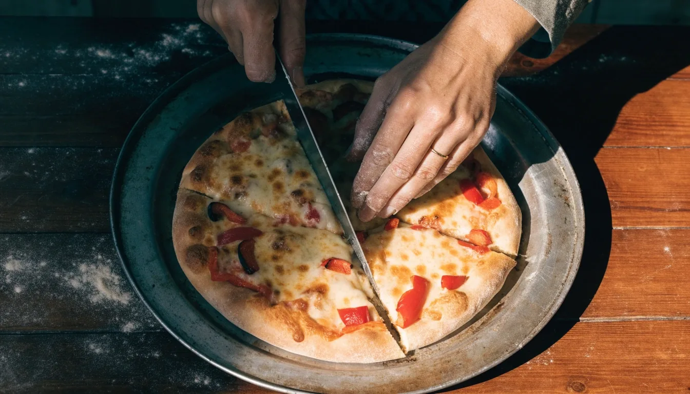 Pizza Forte pizza egyszerű fémtálcán felülnézetből