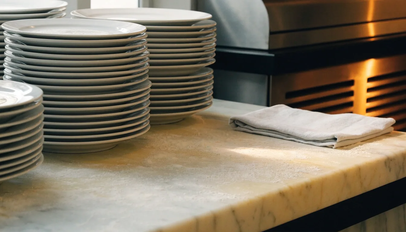 A Pizza Forte pultja nyitás előtt, lisztes márványfelülettel és kemencefénnyel