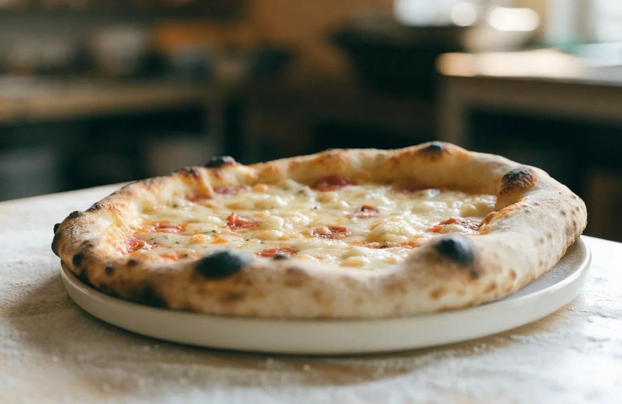 Frissen sült nápolyi pizza világos tányéron, lisztes pulton