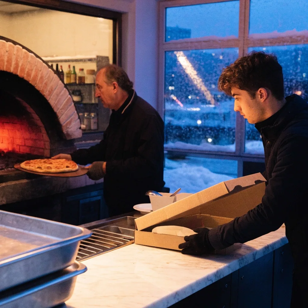 A Pizza Forte kemencés pultja kék órában, hófény az ablakon