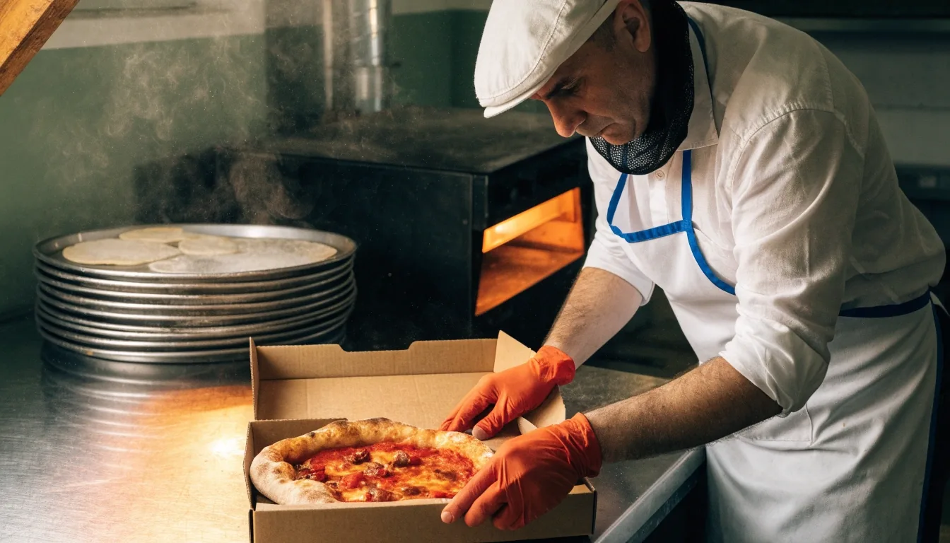 A Pizza Forte üres vendégtere nyitás előtt, ablakfényben