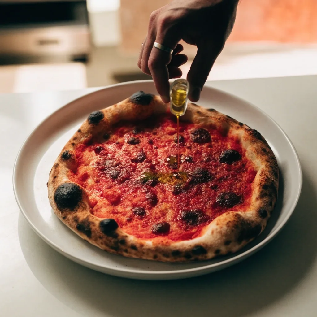 Nápolyi pizza világos tányéron, felülnézetből
