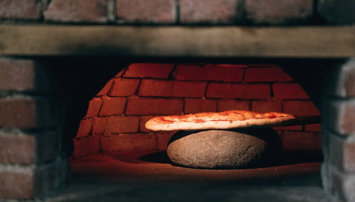 Tégla kemence szája pizzával a Pizza Forte konyhájában
